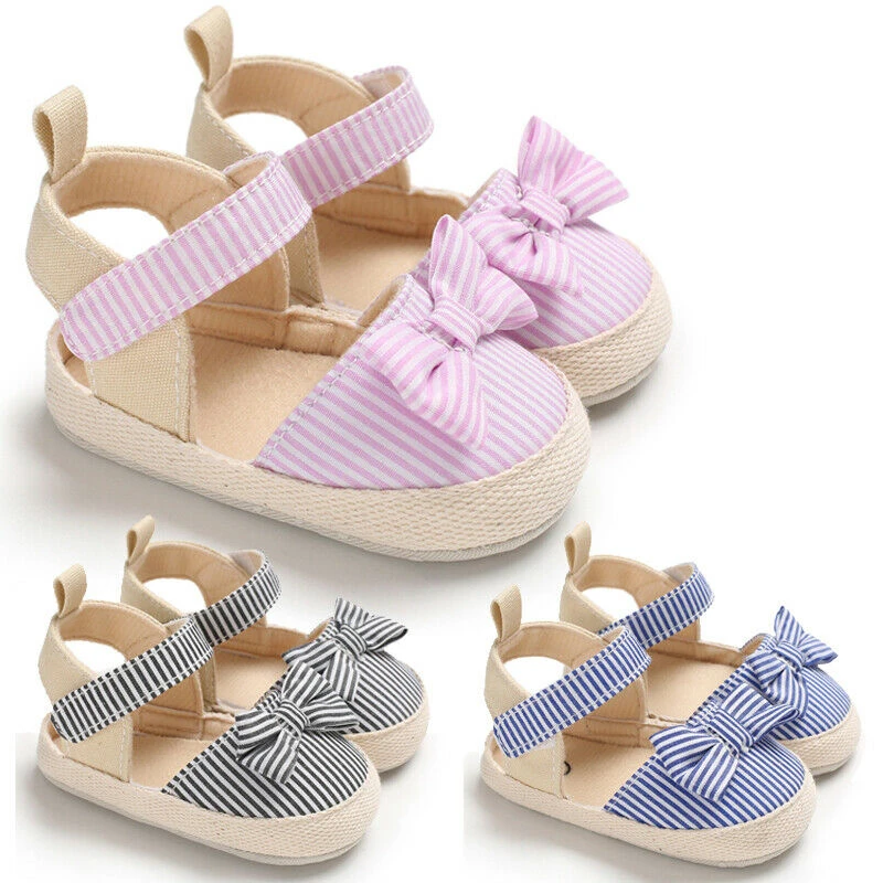 

1 Pair Children Baby Kids Girls Shoes Non-Slip Canvas Striped Bowknot Toddlers Newborn Infantil Sandals 0-18M