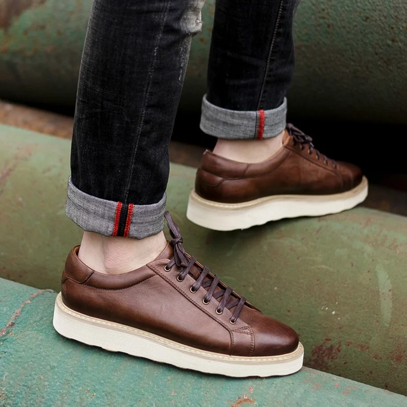 

New Fashion Designer Round Toe Man Comfortable Shoes Genuine Leather Laces Footwear Flat Platform Men's Casual Flats NHS160