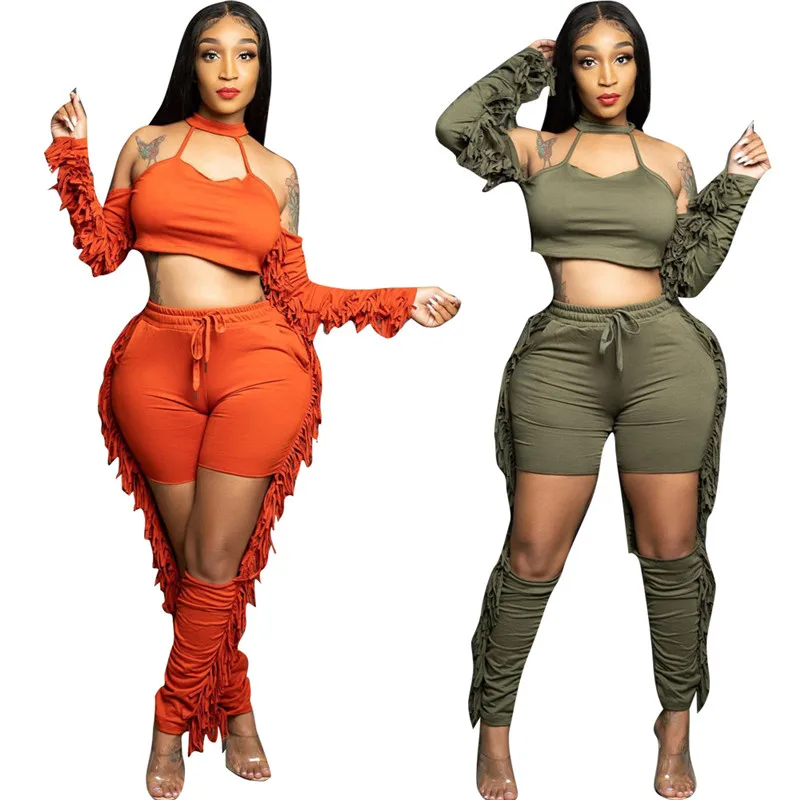 

WUHE Tassel Two Piece Set Sexy Cut Out Cold Shoulder Crop Top Slim Pant Sets Women Hollow Out Hole Club Party Fall Clothes