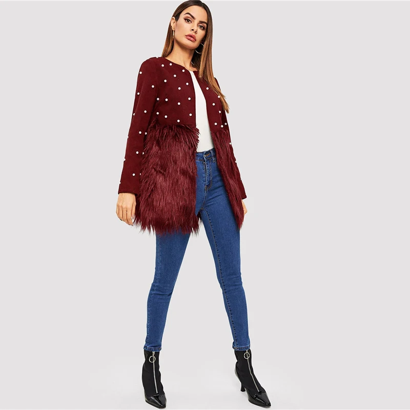 SHEIN Контрастное Пальто С Бусинами И Эко Мехом Стильное Пальто