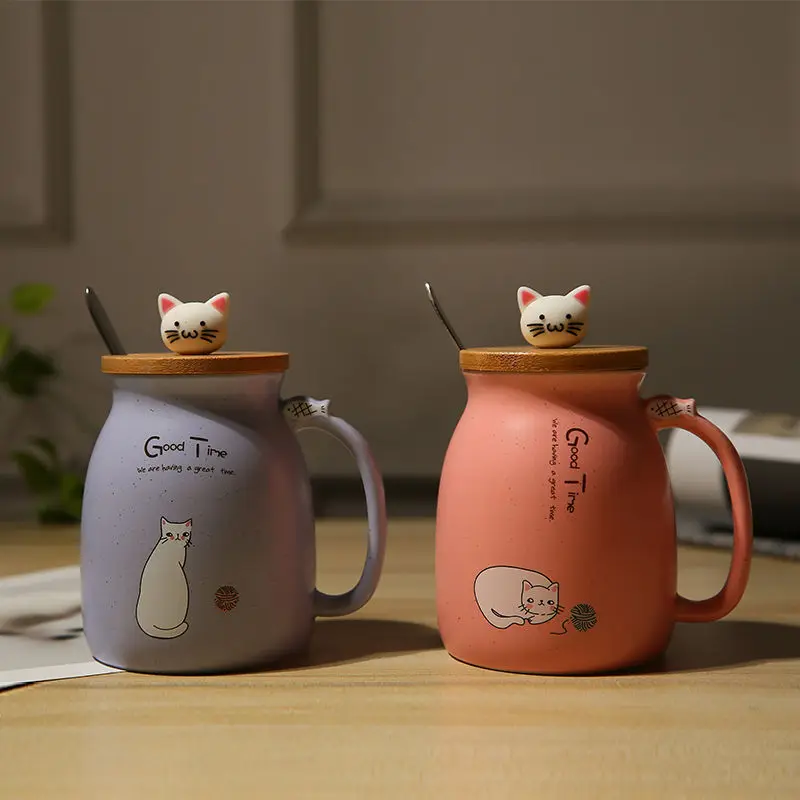 

Креативная кружка с милым котом, термостойкая мультяшная чашка с крышкой и ложкой, кофейные керамические кружки, детская чашка, посуда для н...