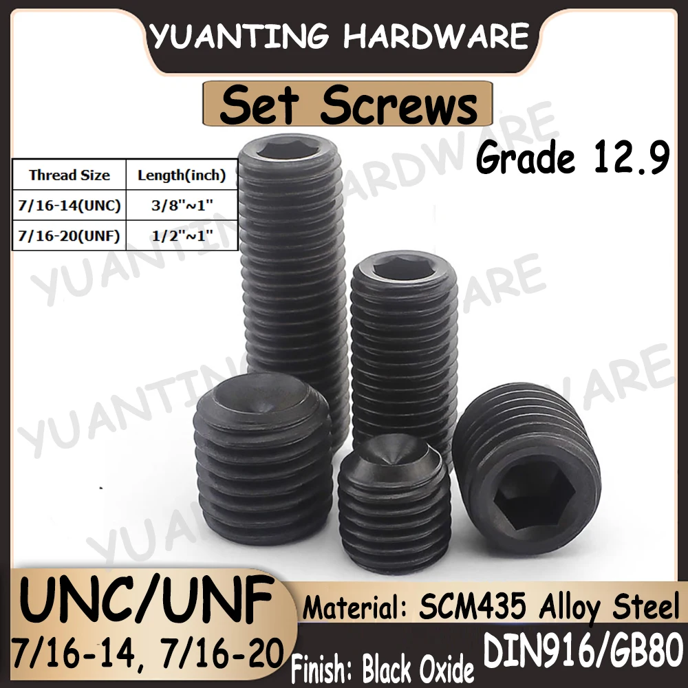 

2Pcs DIN916 GB80 7/16-14, 7/16-20 UNC UNF Thread Grade 12.9 Alloy Steel Hexagon Socket Set Screws With Cup Point Headless Screws