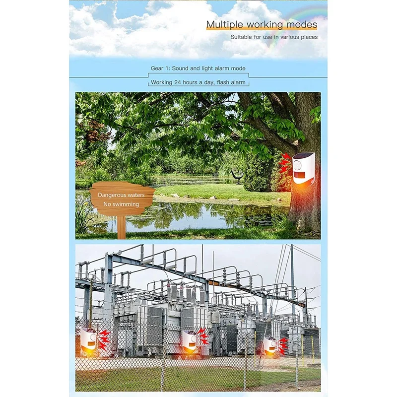 

Solar Sound Light Alarm Motion Sensor 120DB Siren Sound Alert Flash with Keyfob Remote for Warning Pond/Farm/Villa