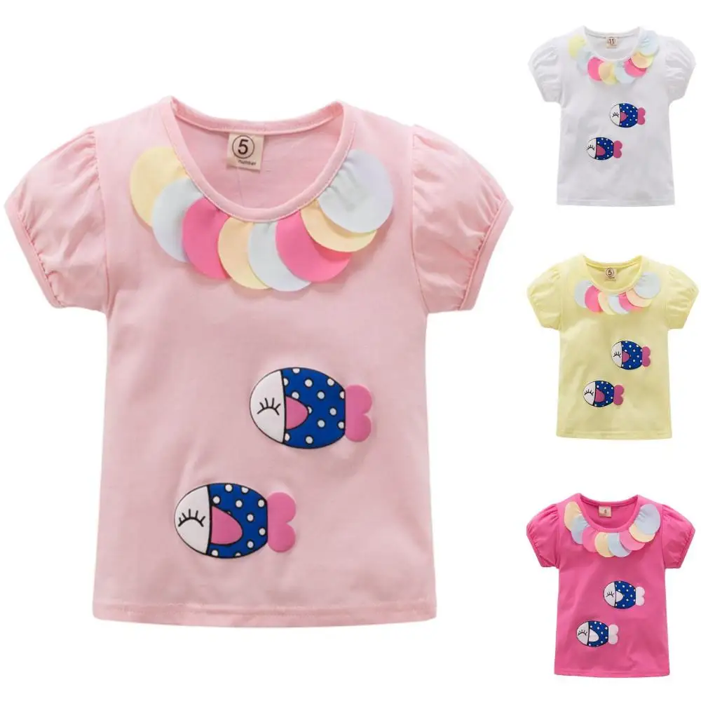 

Fish Scale O Neck Tops Little Girls Printed Short Sleeve T Shirts Cute Kids Summer Tees