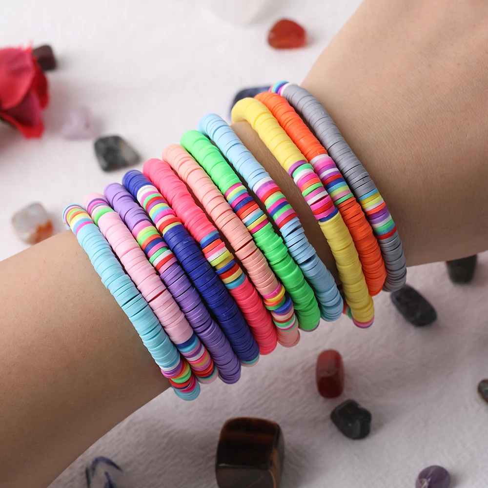 

10Pcs 6mm Rainbow Color Polymer Clay Disc Heishi Beads Elastic String Bracelet Women Boho Flat Vinyl Beads Friendship Bracelet