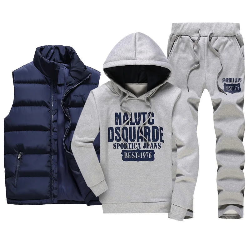 New Winter Thicken Warm Tracksuit Men 3 Pieces Hooded Fleece Hoodies+Zipper Vest+Sweatpants Track Suit Man Print Sportswear Coat | Мужская