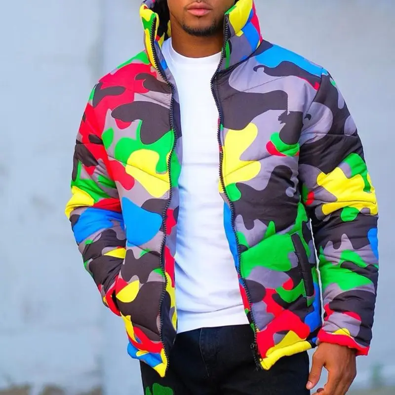 Пуховик с высоким воротником для мужчин и женщин, разноцветная камуфляжная куртка-пуховик, верхняя одежда, зима