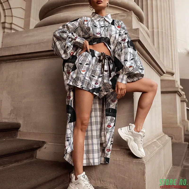 

Casual Long Shirt Tops And Drawstring Shorts Outfit Fashion Cartoon Print Women 2 Piece Sets Elegant Lantern Sleeve Spring Suits