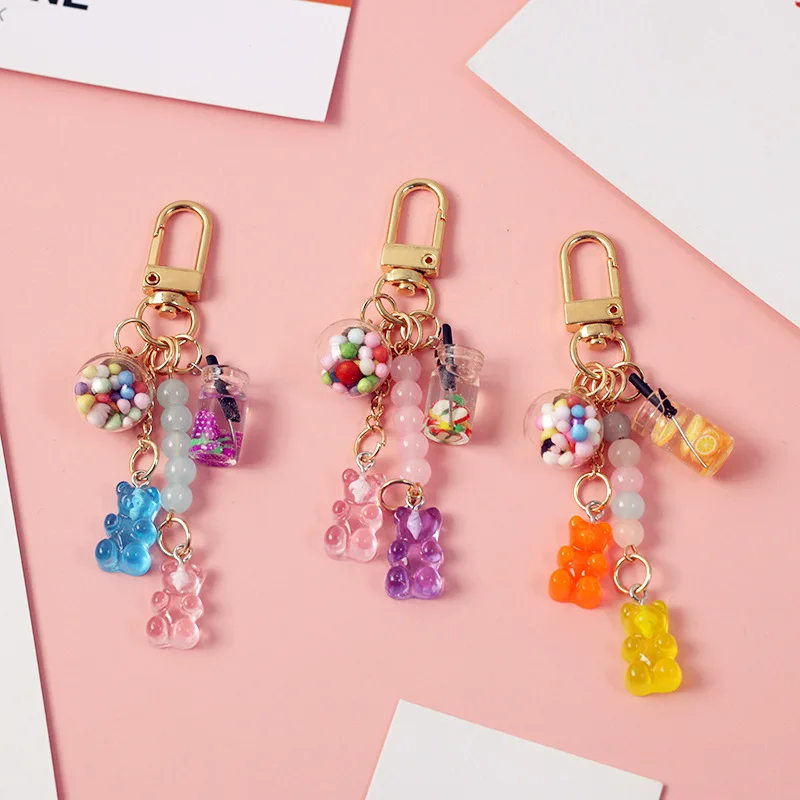1Pcs Rainbow Bear Fruit Pendant KeyChain KeyRing For Women Gift Fashion Cute Heart Bottle Gummy Bear Beads Bag Car Keychain K52