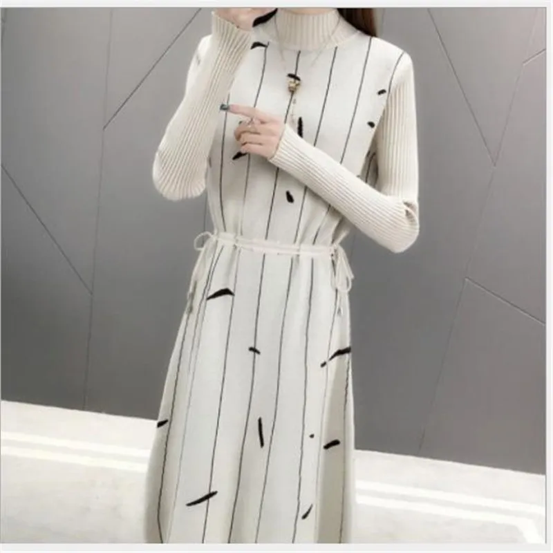 

Print Autumn Women Sweater Dress A-Line Knitted Dress Pullovers Lady Winter 2020 New Half-Trutleneck Bottom Dress Sweater M306
