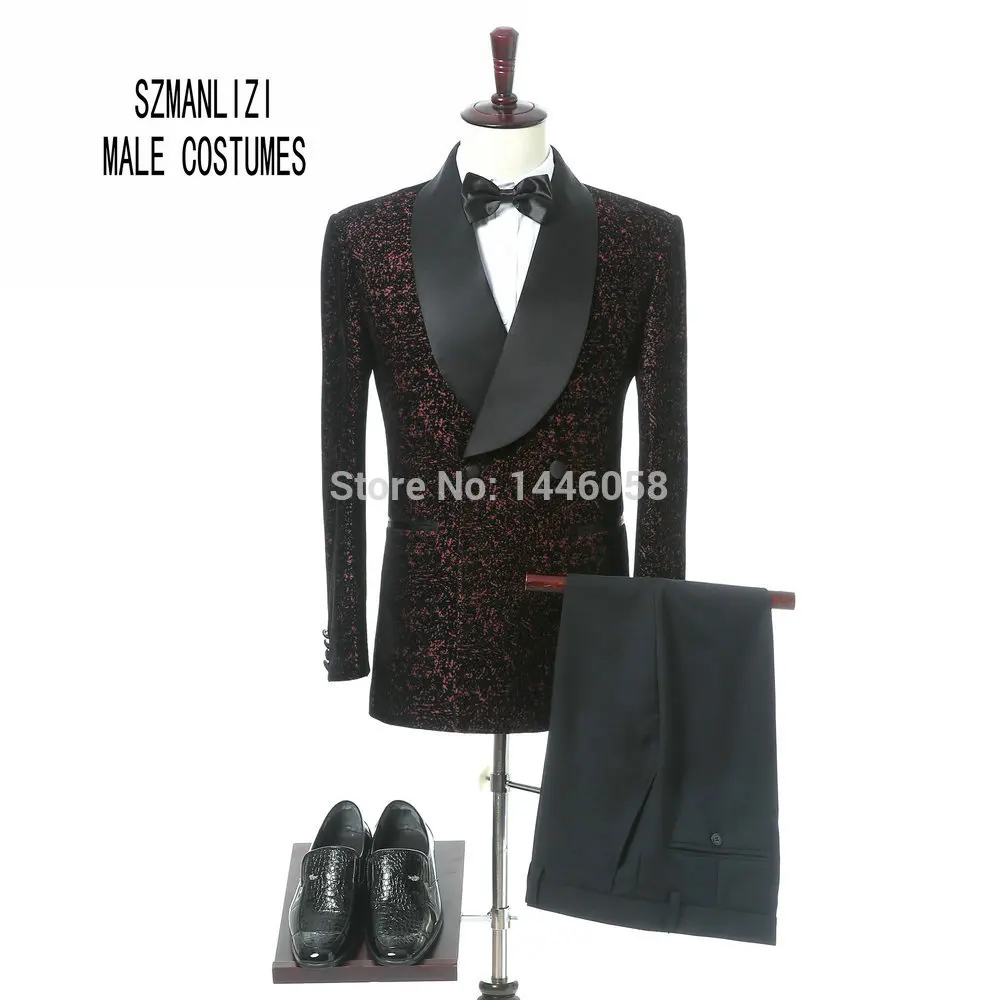 

Latest Coat Pant Designs Classic Shawl Lapel Double Breasted Slim Fit Suit Burgundy Velvet Tuxedo Jacket Groom Wedding Suits