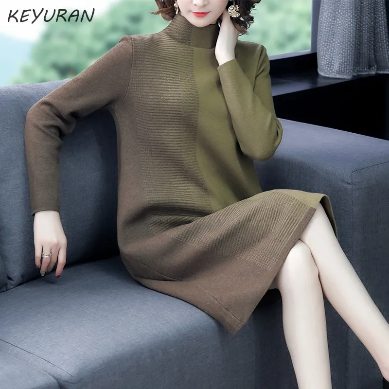 Женское трикотажное лоскутное сексуальное платье свитер с высоким воротом