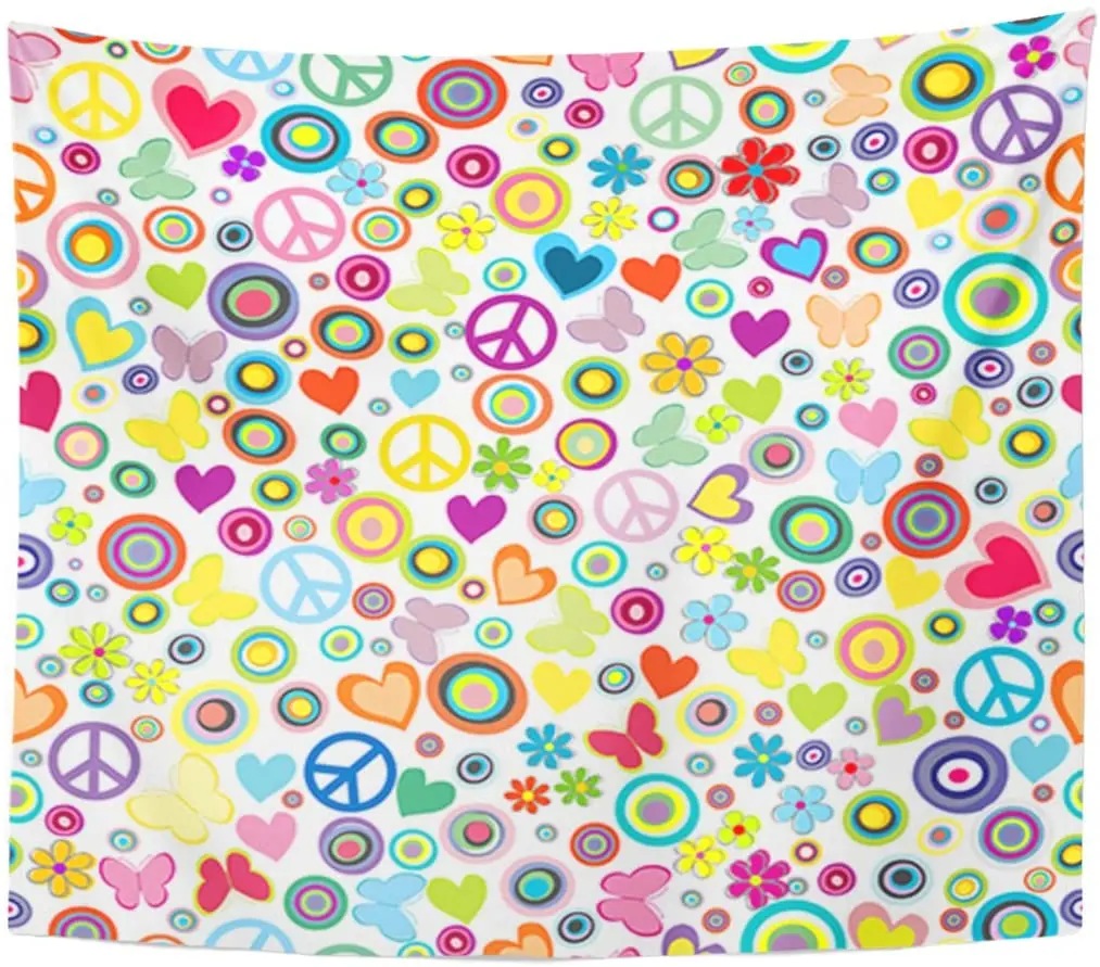 

Tapestry Retro Flower Power Peace Signs Circles and Butterflies Abstract Tapestries Wall Hanging for Living Room Bedroom Dorm