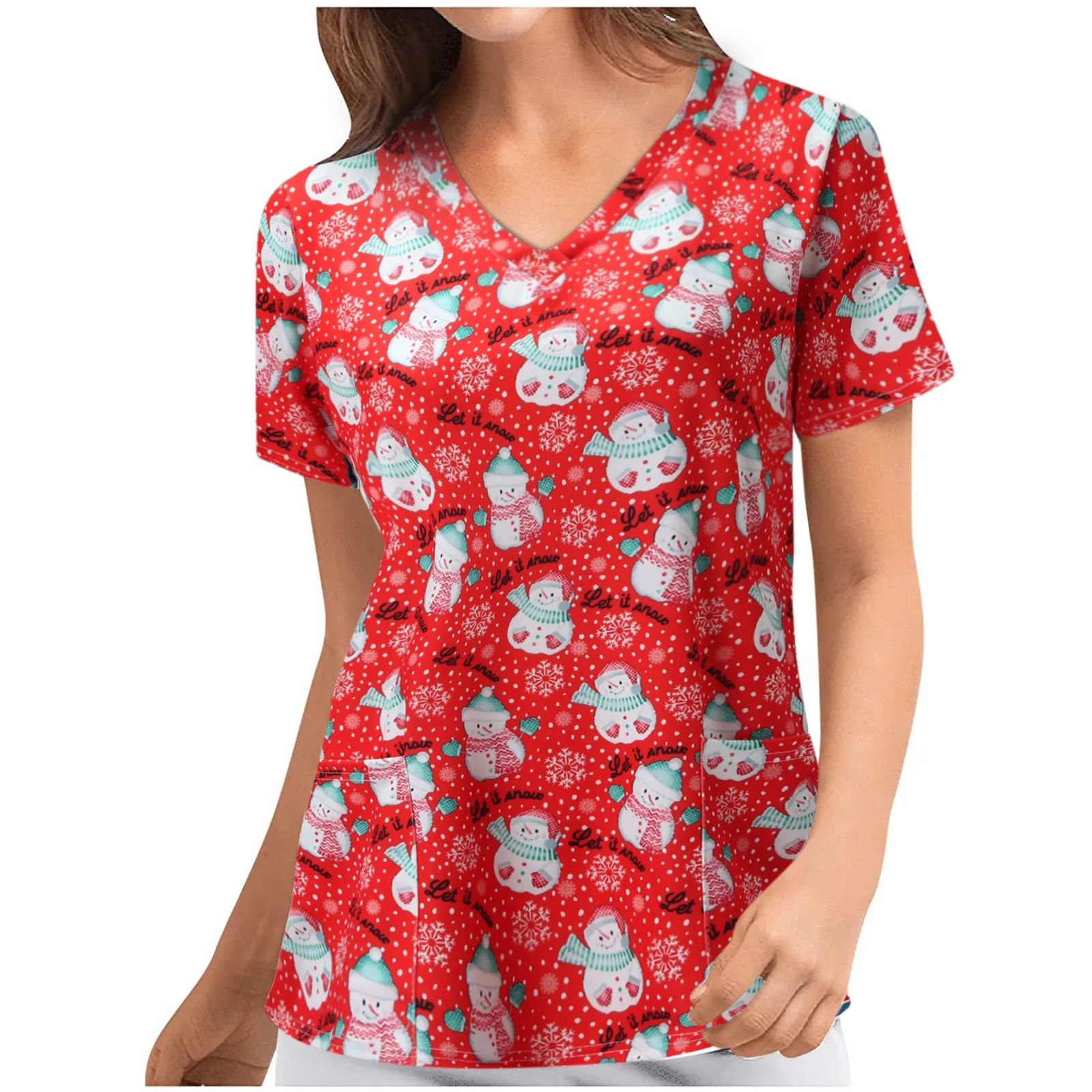 

Christmas Women Medical Nurse Uniform Short Sleeve V-neck Snowman Pattern Top Nursing Uniform T-shirts Uniformes Clinicos Mujer