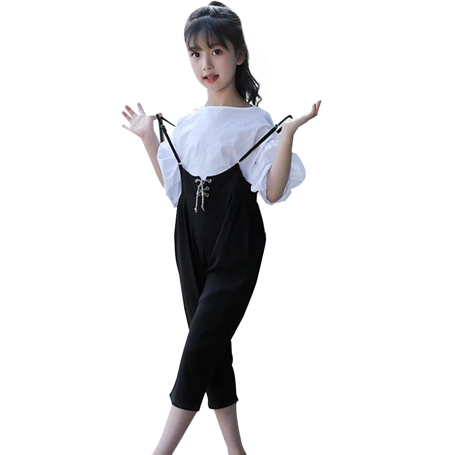 Весенняя одежда для девочек белая блузка + комбинезон комплект из 2 предметов