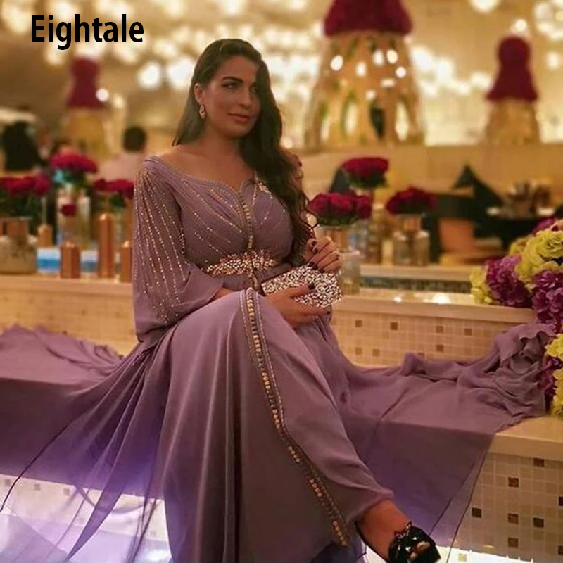 

Eightale Arabic Evening Dresses Purple Dubai Caftan Muslim Prom Gown Long Sleeves Beaded Chiffon A-Line Kaftan Party Dress
