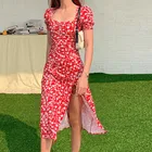 Женское винтажное праздничное платье, платье миди во французском стиле с цветочным принтом, квадратным вырезом и разрезом сбоку, лето 2022