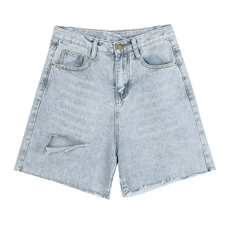 

Fat sister's pierced Jeans Shorts women's thin high waist A-line casual pants