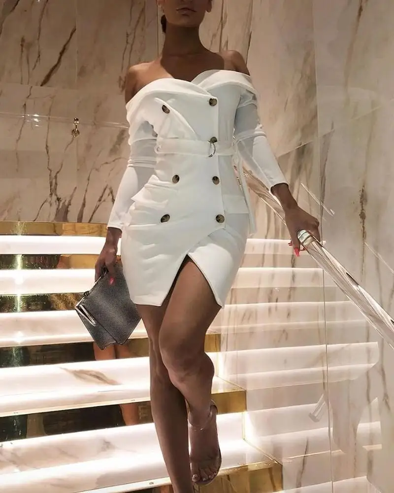 Однотонное двубортное платье блейзер с разрезом женское белое мини длинным