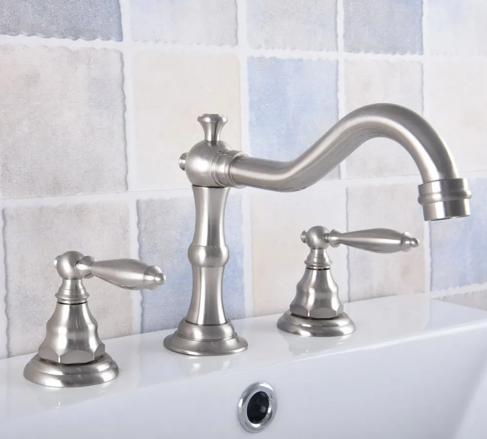 

Brushed Nickel Brass 3 Holes Deck Mounted Dual Levers Handles Bathroom Vessel Sink Basin Faucet Mixer Taps anf691