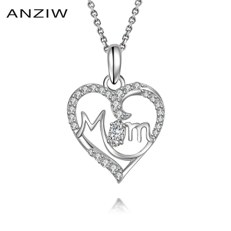 

ANZIW 925 Sterling Silver Pendant Necklace for Women Cute Mom Letter Heart Long Chain Necklace Pendant Wedding Silver Jewelry