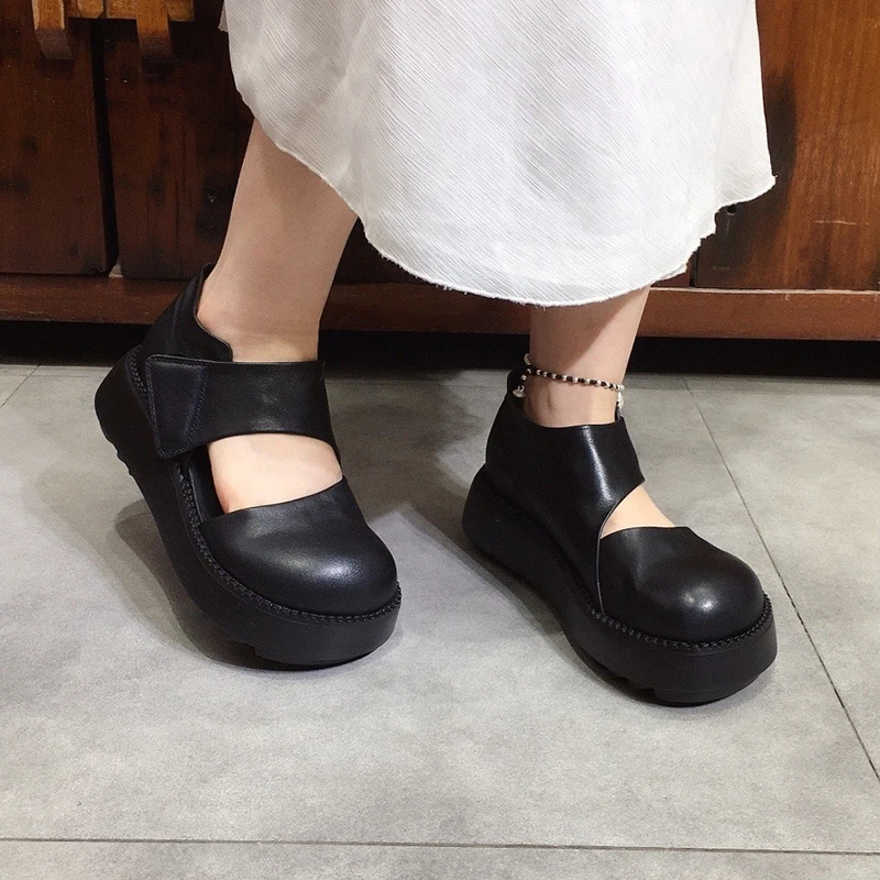 

Women Leather Pumps Black High Heels Women Shoes Summer Wedge Heels Lady Mary Jane Genuine Leather Women Pumps Handmade