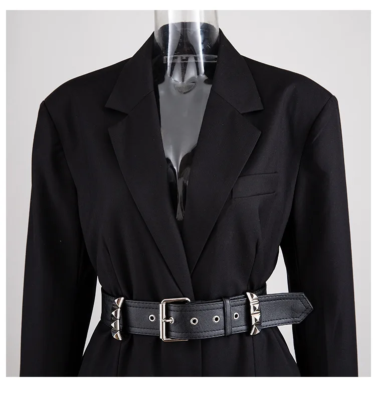 

HIGH QUALITY Runway Loose Fit PU Leather Rivet Belt Jacket New Lapel Long Sleeve Women Coat Autumn Womens Black Jackets Gothic