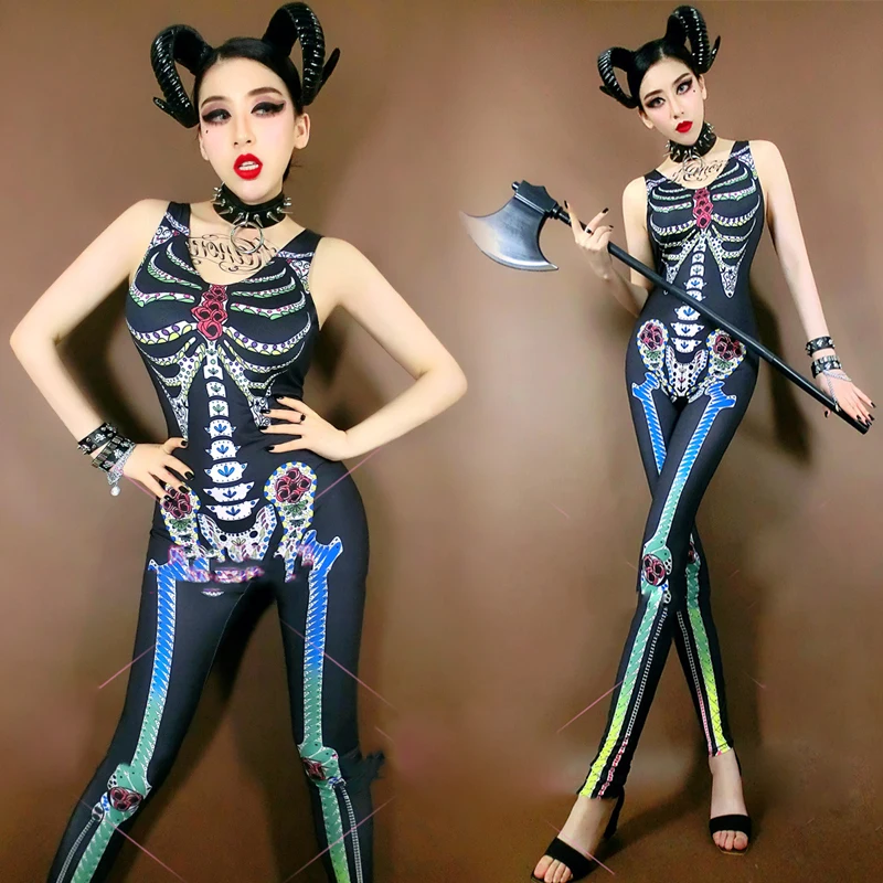 

Bar Halloween Party Vampire Cosplay Skull Print Zombie Jumpsuit Jazz Performance Costume Lady Nightclub Rave Clothes DNV13111
