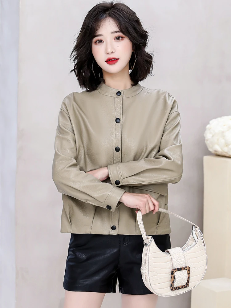 New Women Sheepskin Outerwear Spring 2022 Designer Moto Biker Coat Fashion O-Neck Solid Color Loose Short Sheep Leather Jacket