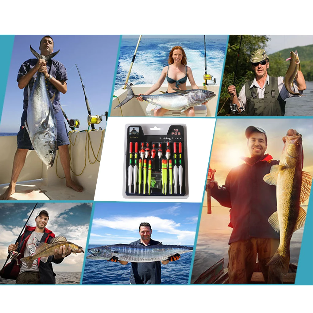 

15Pcs/set Vertical Buoy Sea Fishing Floats Assorted Size for Most Type of Angling with Attachment Rubbers Fishing Lures