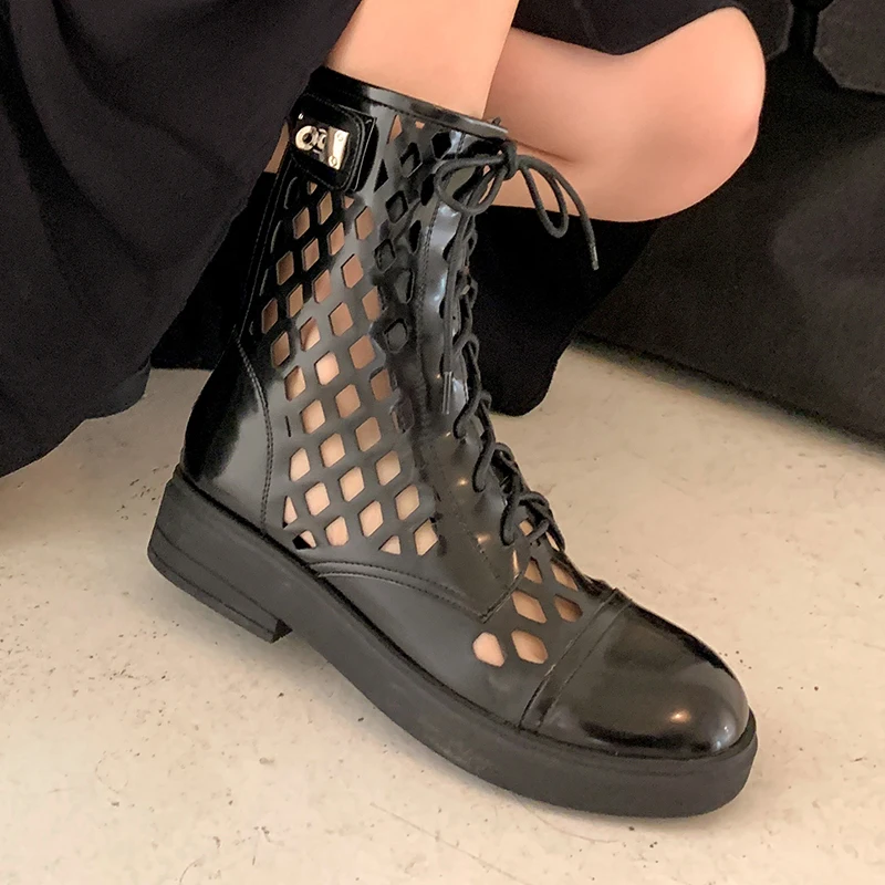 Murah Sepatu Bot Pergelangan Kaki Wanita Musim Panas Populer Sandal Berongga Kulit Asli Buatan Tangan Sepatu Wanita Wedges Sol Lunak Sepatu Bot Martin Wanita Ritsleting