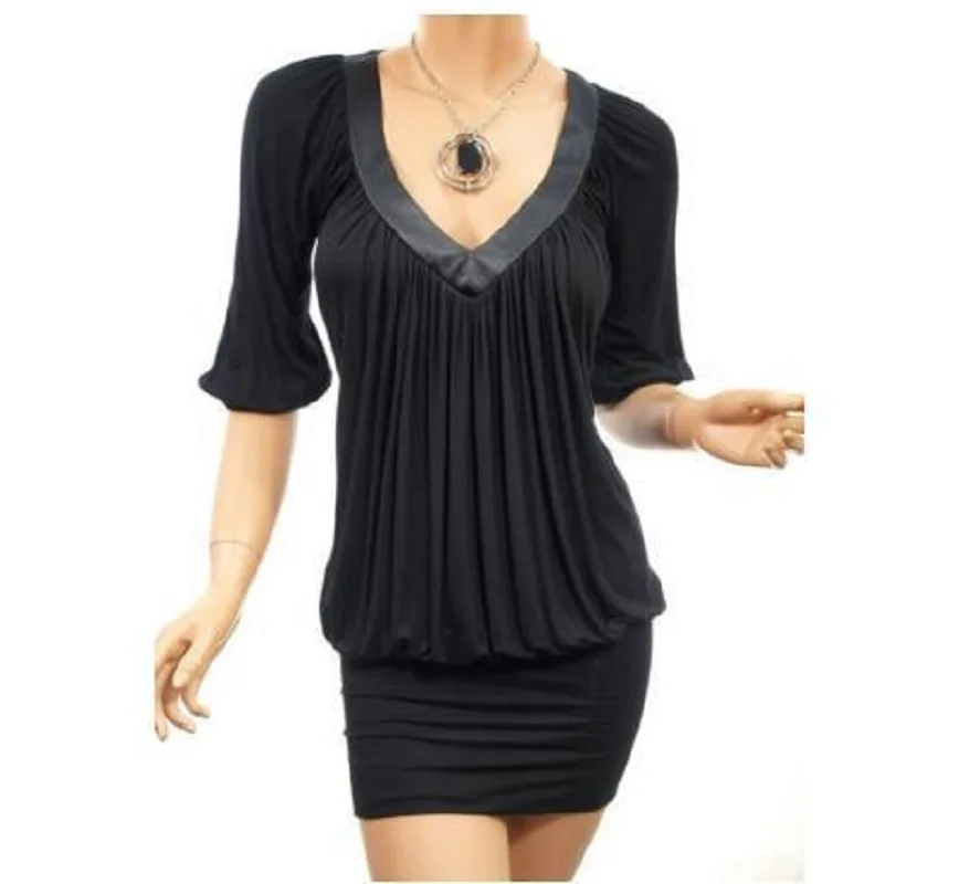 2020 Women's Fashion V-neck Half Sleeve Pleated Pure Color Slim Hip Package Sexy Mini Women Dress | Женская одежда