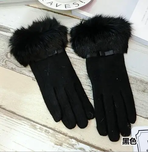 Женские осенне-зимние Утепленные шерстяные перчатки с натуральным кроличьим мехом женские кашемировые перчатки с сенсорным экраном Зимние перчатки для вождения R2269 - Цвет: black