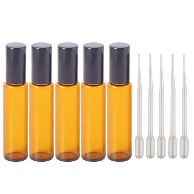 5 шт. 10 мл стеклянные рулонные бутылки с шариками из нержавеющей стали-5 капельниц