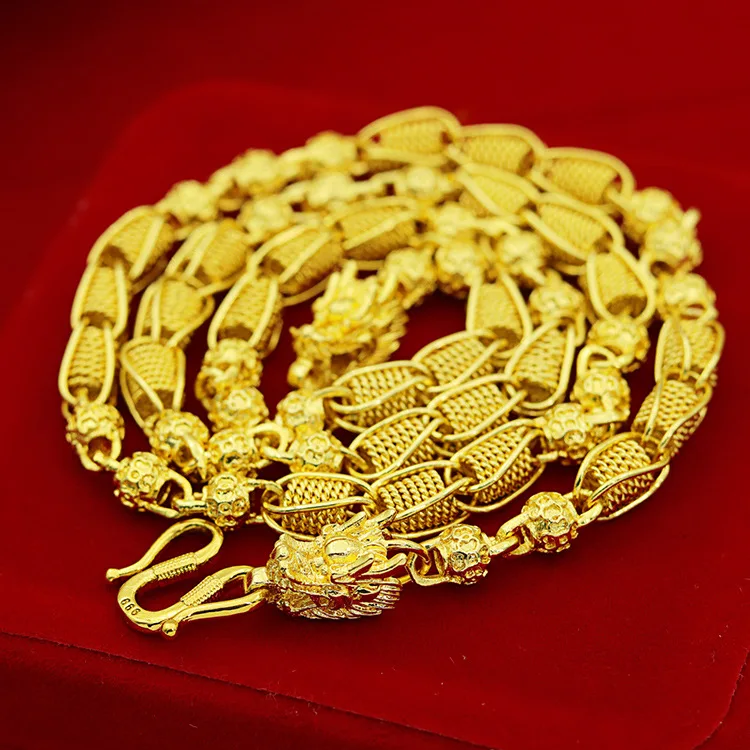 

Weighty Heavy!Transport Bead 48g Dragon 18K Gold Men's Necklace Curb Chain 5mm Jewelry