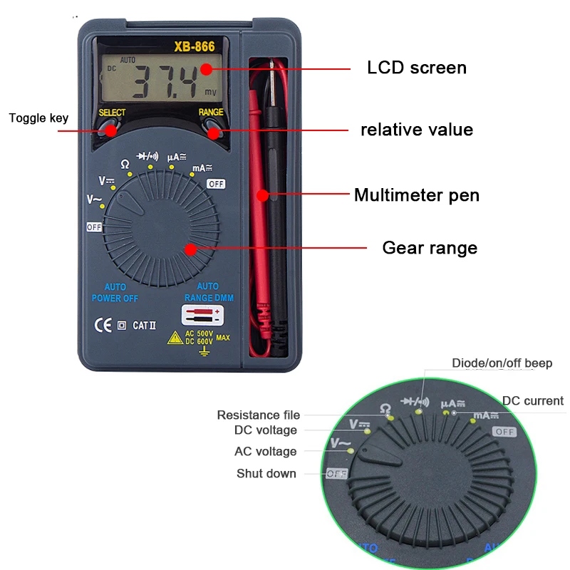 

Mini Multimeter Digital AC/DC Voltage Current Tester Multimeter Pocket Auto Range Digital Tester Voltmeter XB866