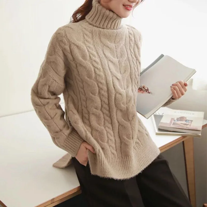 White Sweater Woman Turtleneck Pullover Long Sleeve Plus Loose Solid Color Stitching Knit Pattern Female Temperament Commuter Winter Fashion |