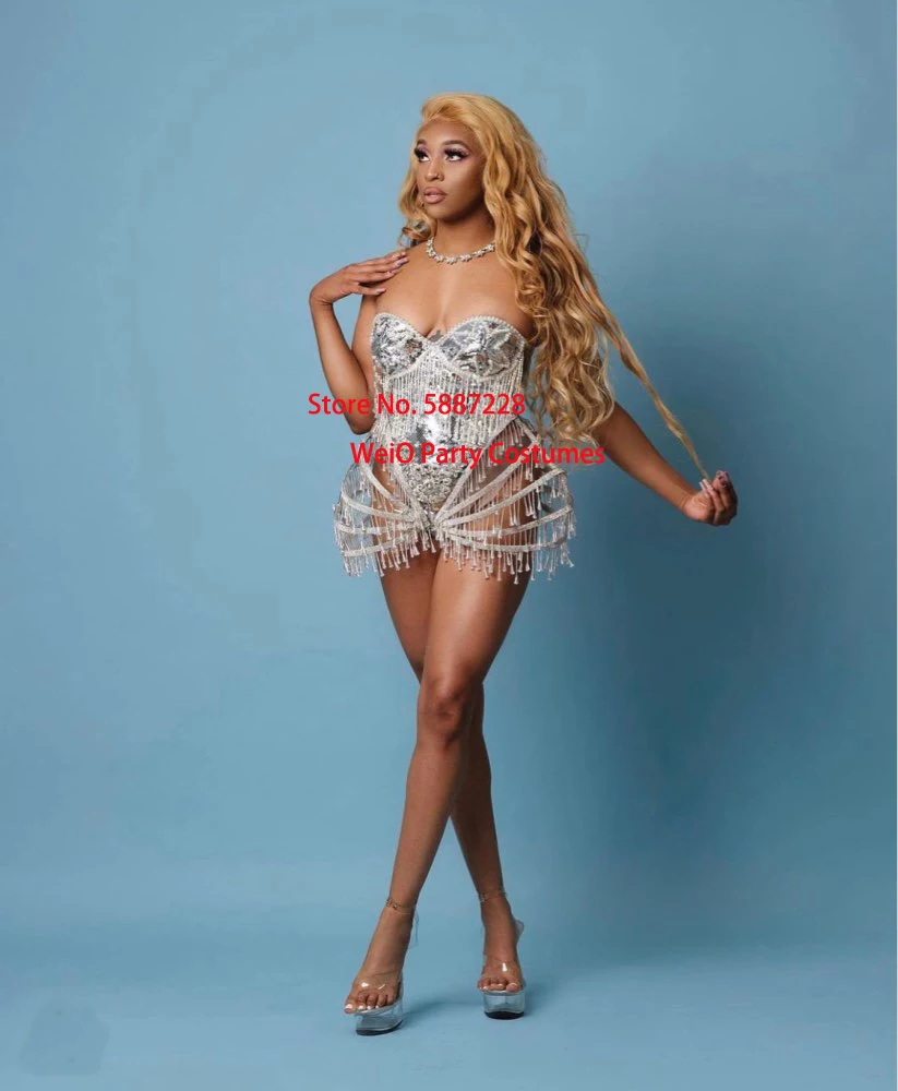 Sexy Crystal beads Bodysuit Dress Stage Performance Bling Dresses Dance Wear Nightclub Shining Costume Outfit drag queen costume |