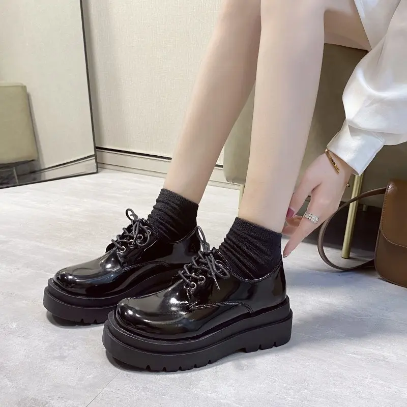 

Women Platform Oxford Shoes 2021 British Style Round Toe 2021 Spring Autumn Casual Female Thick Bottom Soft Leather Flats Black