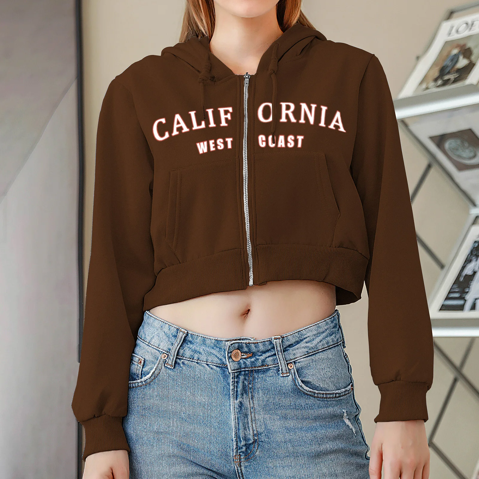 

Harajuku Zip Up Crop Sweatshirt Women Los Angeles California Hoodie Female Streetwear Jacket Winter Loose Korean Ulzzang Top