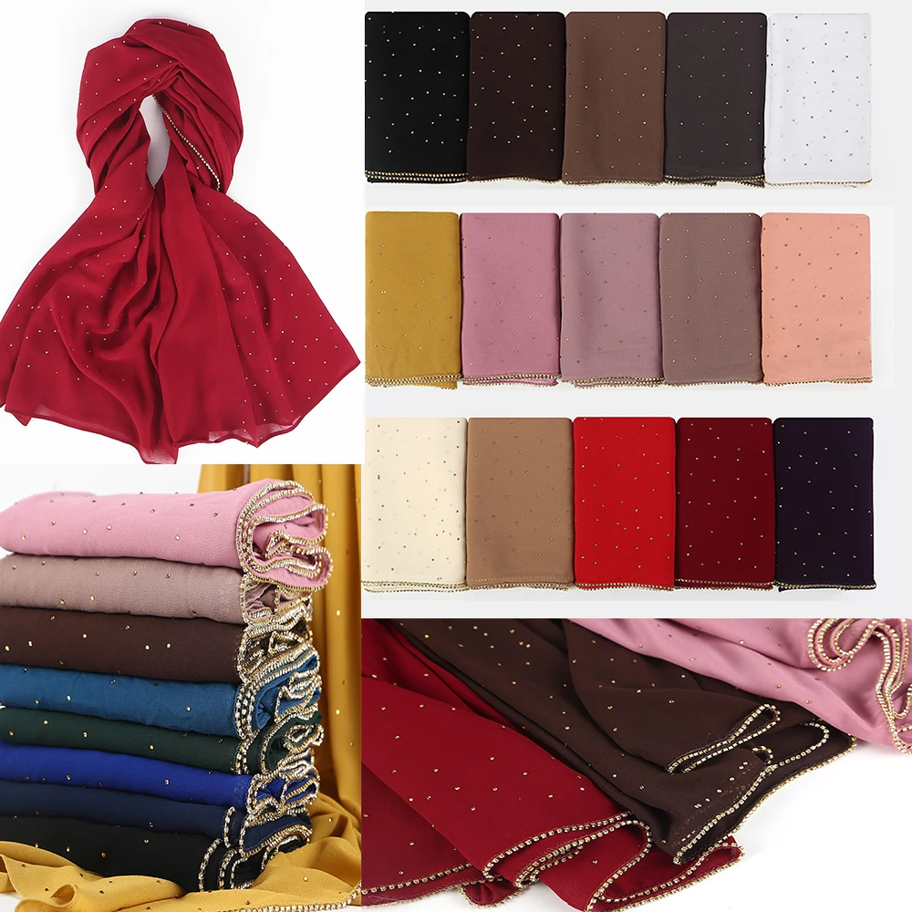 

Womens Bubble Chiffon Hijab Scarf Luxury Shimmer with Crystal Chain Edged Foulard Muslim Scarves Hijabs Elegant Solid Color