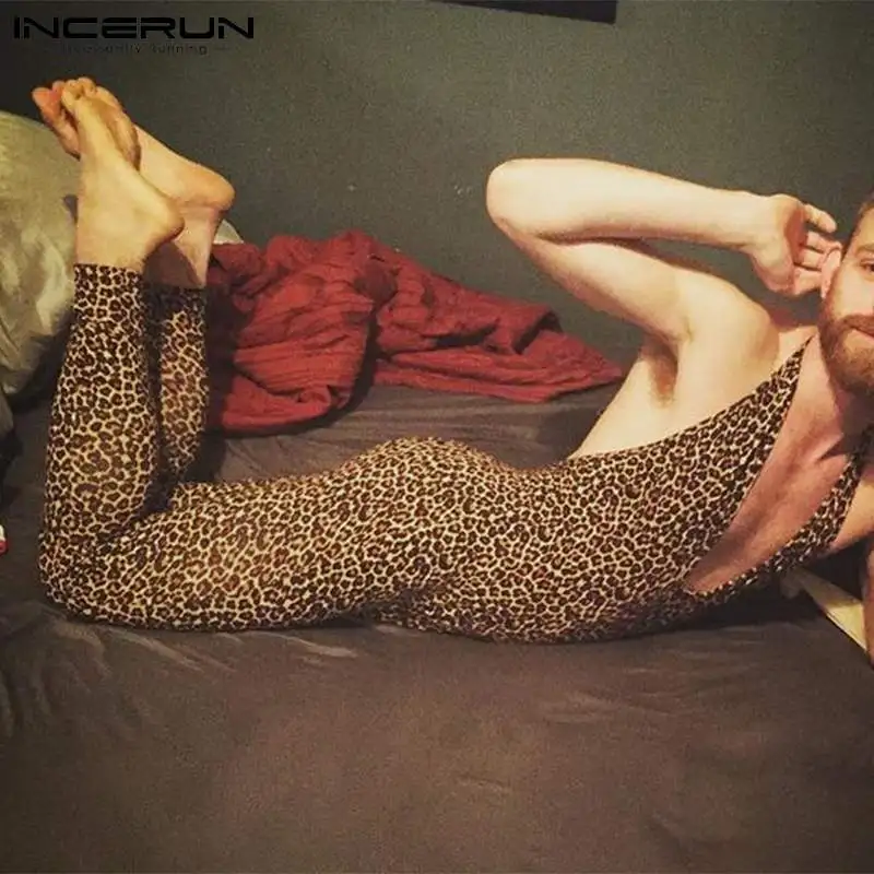 

INCERUN Stylish New Men Homewear Comfortable Rompers Long Sleeve Taped Sleep Bottom Sexy Leopard Print Halterneck Jumpsuit S-5XL