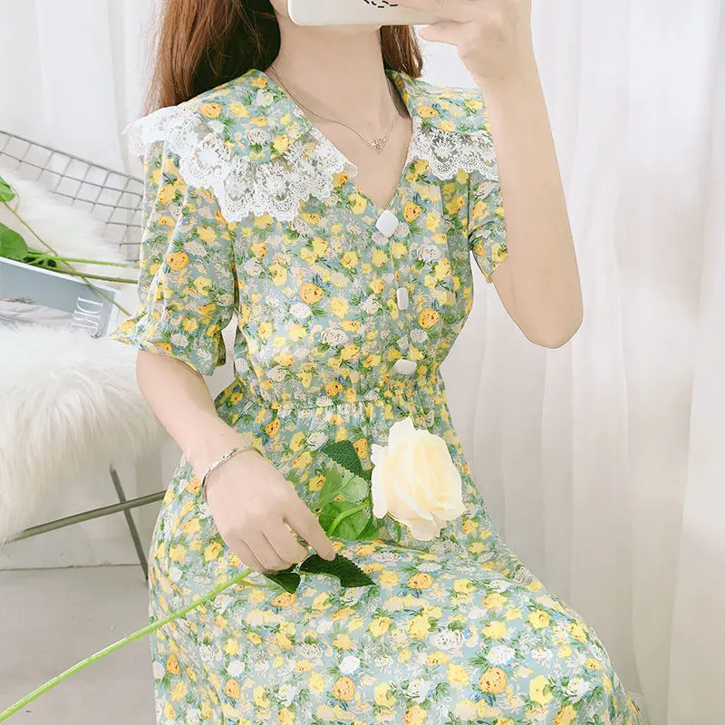 

2021 Vintage Peter Pan Collar Drawstring Female Floral Print Chiffon Dress Short Sleeve Midi Dresses Elegant Party Vestidos Y307