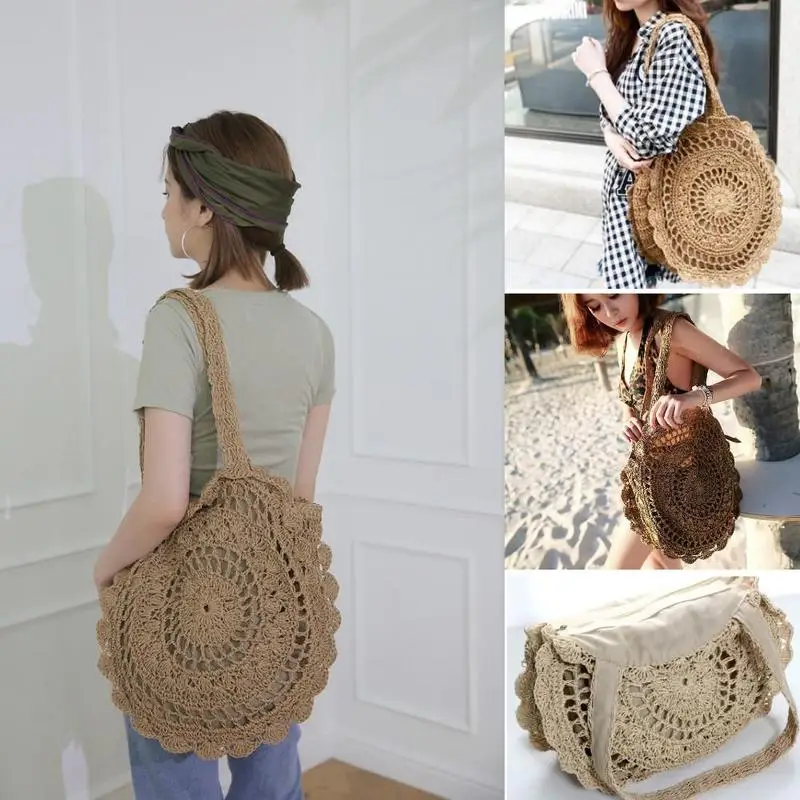 

Casual Rattan Women Shoulder Bags Circle Straw Handbags Big Capacity Handmade Summer Totes Lady Round