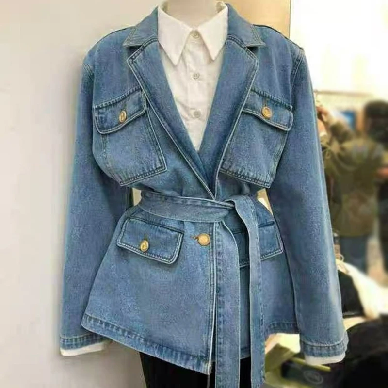 

GALCAUR Korean Lace Up Denim Jacket Women Lapel Collar Long Sleeve High Waist Tunic Pocket Oversize Denim Coats Female New 2020