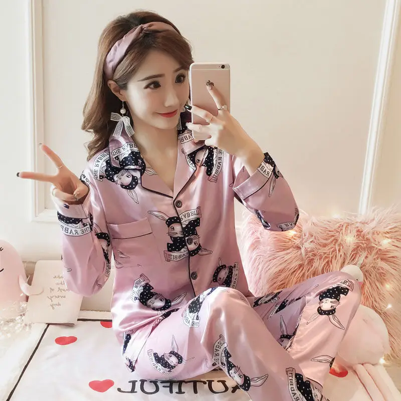 pink Rabbit Осенняя Шелковая пижама, женская сексуальная мягкая уютная атласная ночная рубашка, пижамные комплекты с принтом, ночная одежда с длинным рукавом, 5xl - Цвет: pink Rabbit