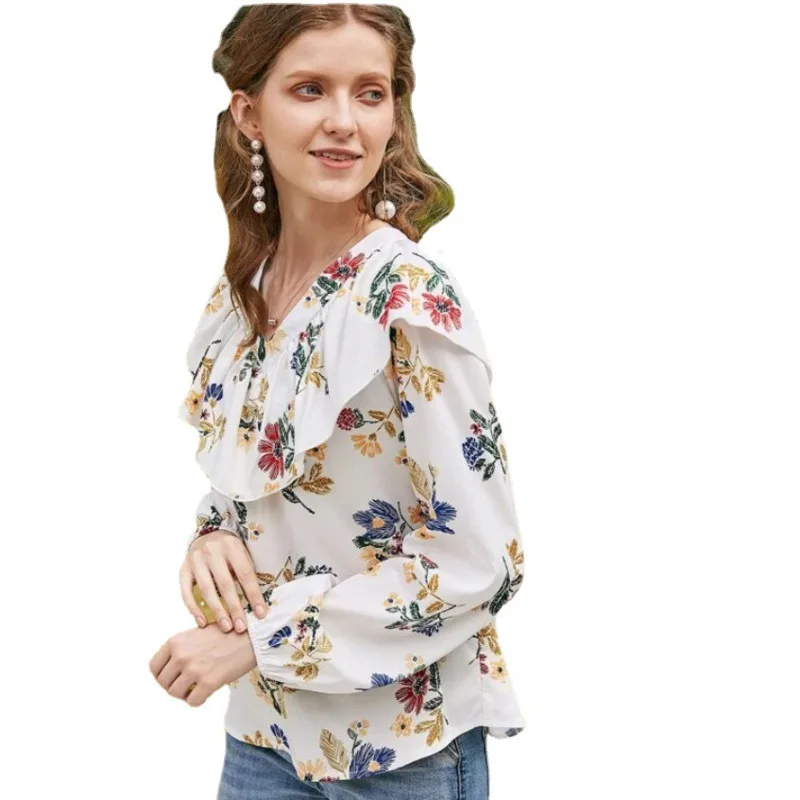

2021 Spring New Women Fashion Long Sleeve V-Neck Elegant Ruffles Floral Blouse Printed White Casual Shirts Blusas Mujer