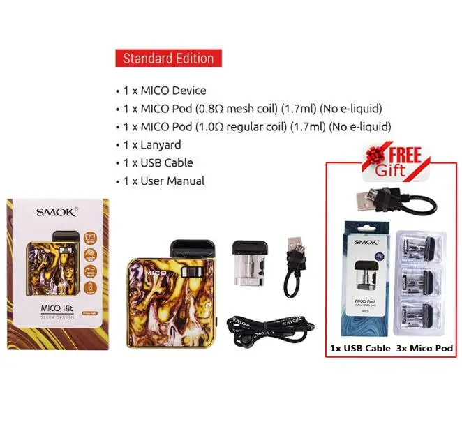 Распродажа! набор SMOK Mico, зажигалка, 700 мА/ч, батарея, электронная сигарета, анти-протекание, мини, электронная сигарета, ручка Pod, катушка VS NORD JC01 - Цвет: Gold 2 Gifts