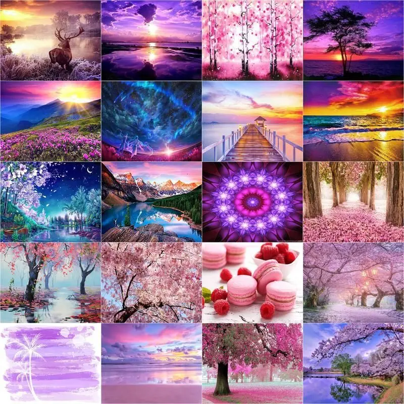 

CHENISTORY 5d Diamond Painting Pink Scenery Cross Stitch Kit Round Rhinestone Art Painitng Frameless Diy Gift Home Decor
