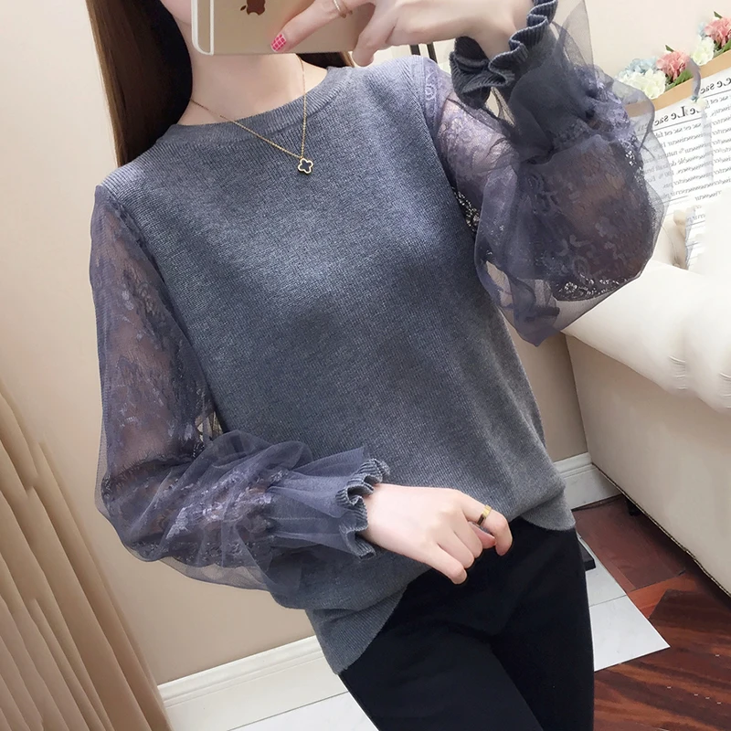 

Модный сетчатый прозрачный пуловер с рукавами, блузка, рубашки, весенний женский вязаный тонкий свитер с кружевными рукавами и круглым выре...